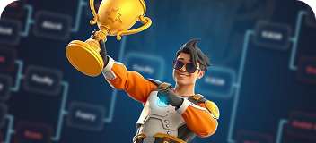 A stylized 3D character celebrating with a gold trophy in front of a tournament bracket.