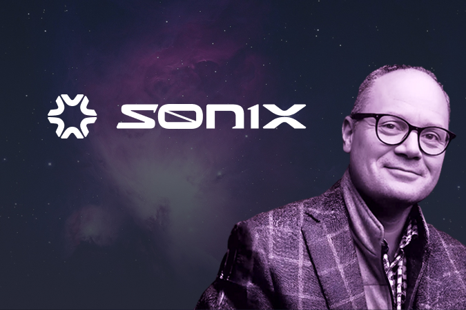 SONIX logo and Laurent Bischof portrait on a purple cosmic background.