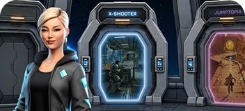A 3D female avatar standing in front of three glowing, futuristic mini-game portals.
